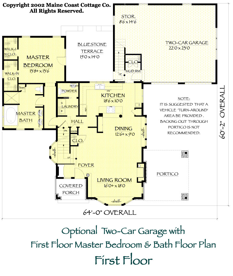 Jordan Pond first floor plan with the two car garage and first floor master option